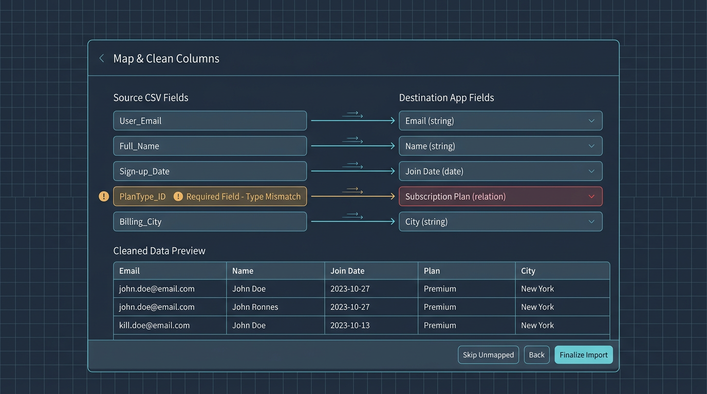 Wireframe showing column mapping with one unresolved field.