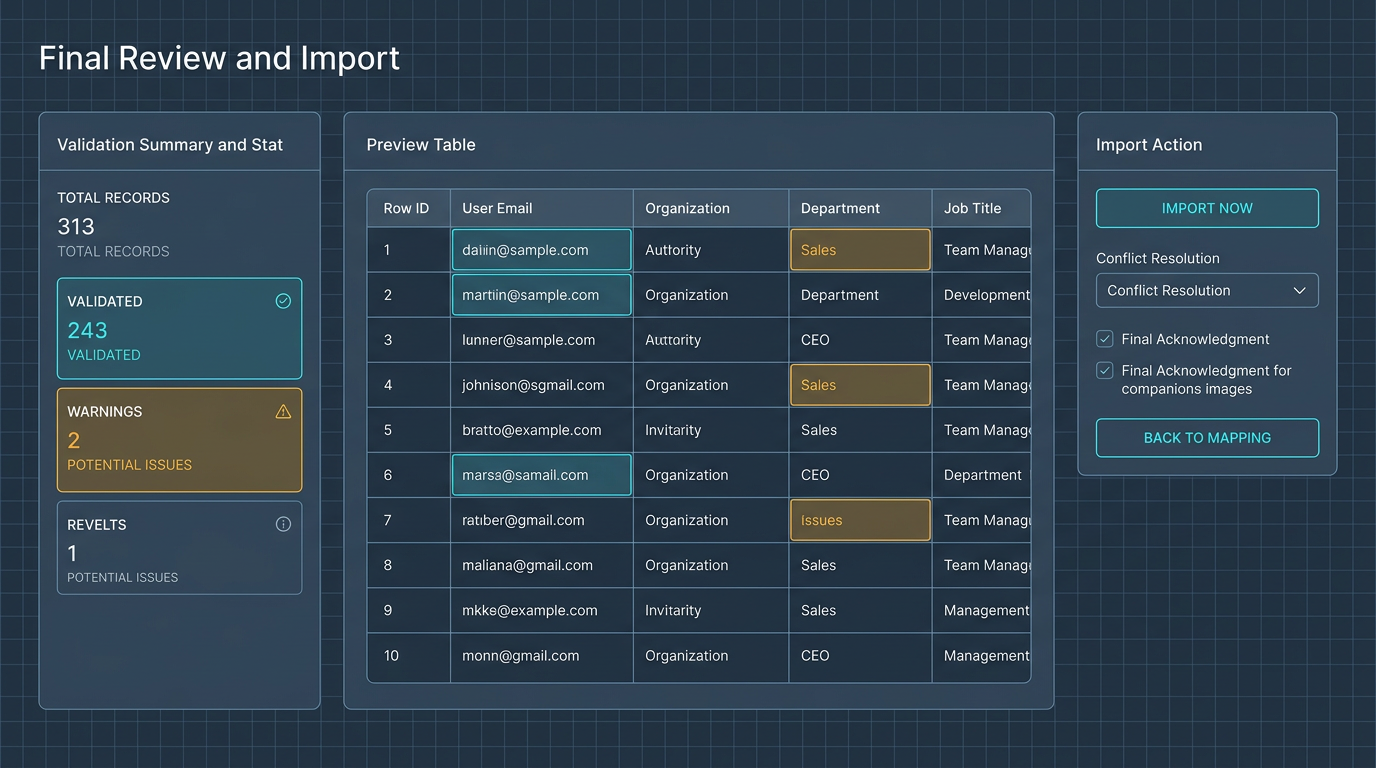 Wireframe showing validation summary with ready-to-import state.