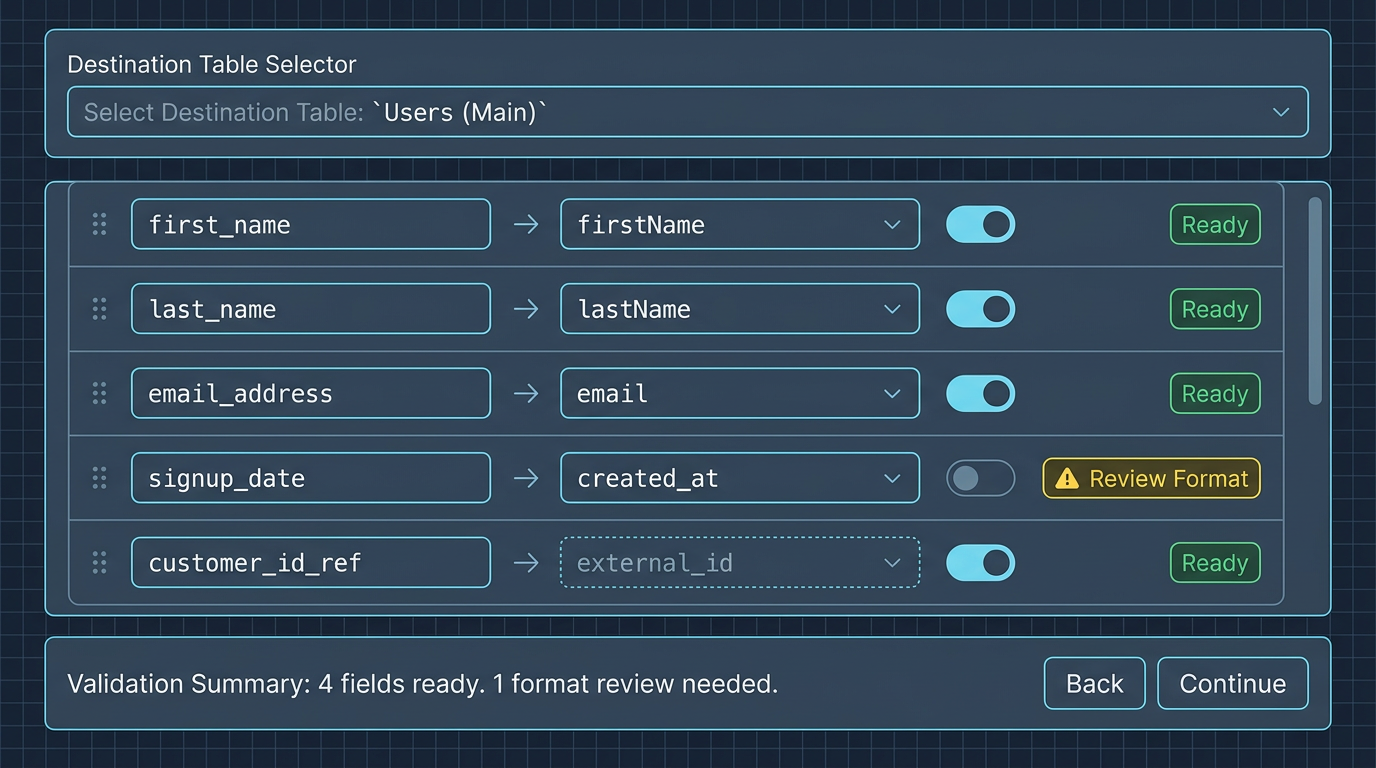 Wireframe mockup showing destination table setup with columns, required fields, and validation rules.
