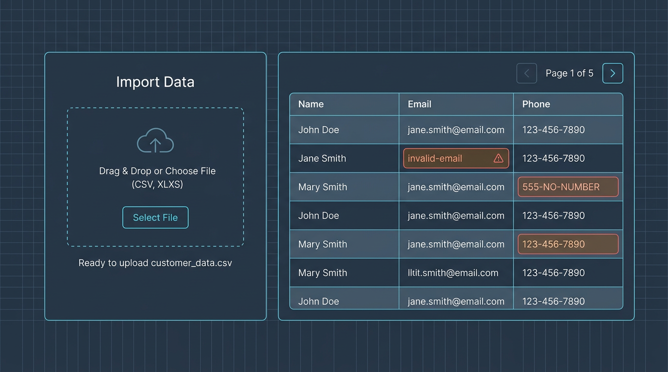 Wireframe showing CSV upload with invalid cells highlighted in a preview table.